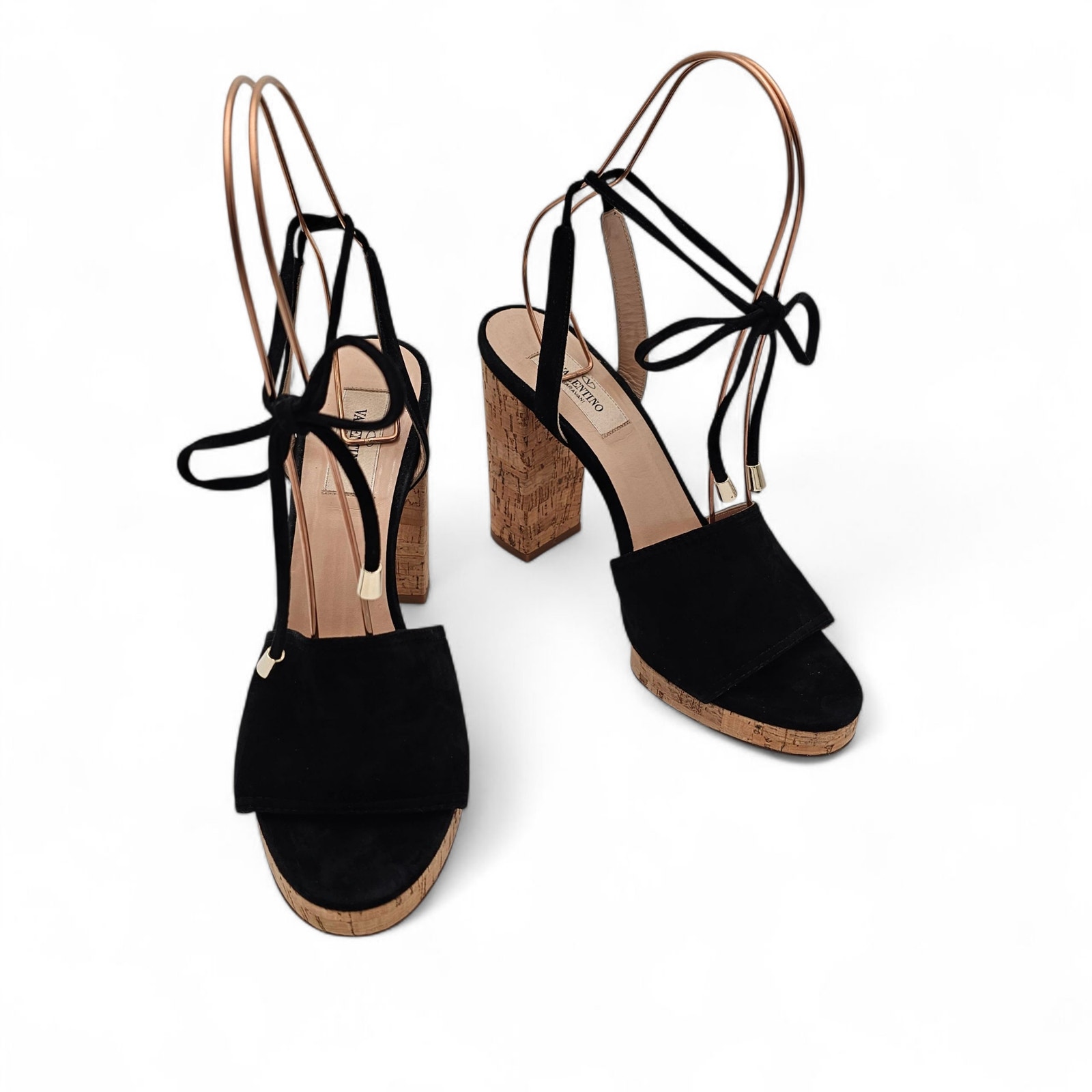Valentino Garavani Cork Ankle Tie Heel Plaform Sandal Black Suede Size 39 Us 9